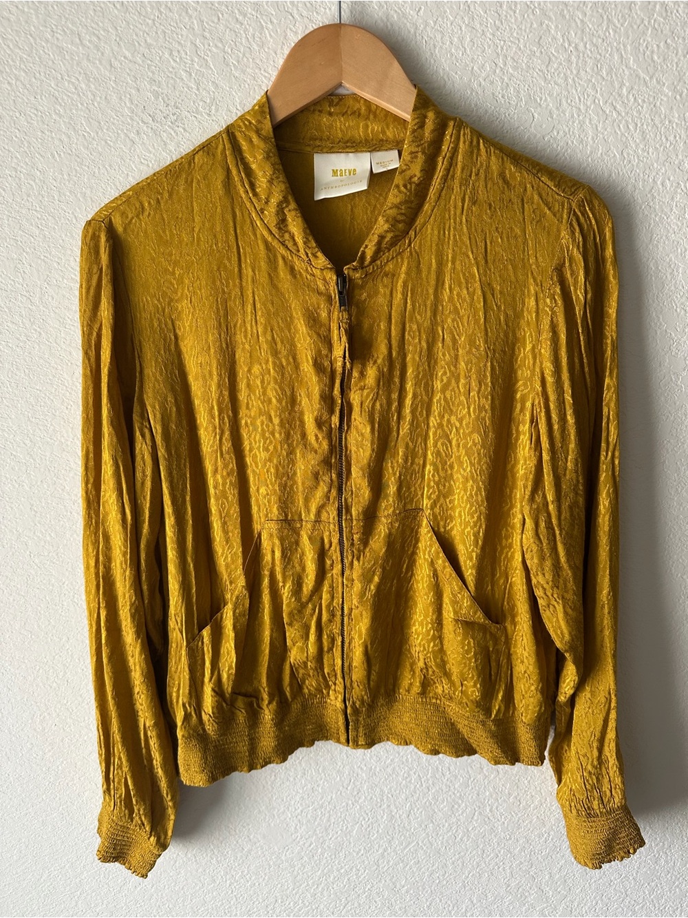 Maeve Anthropologie Mustard Yellow Leopard Jacquard Bomber Jacket Medium Smocked